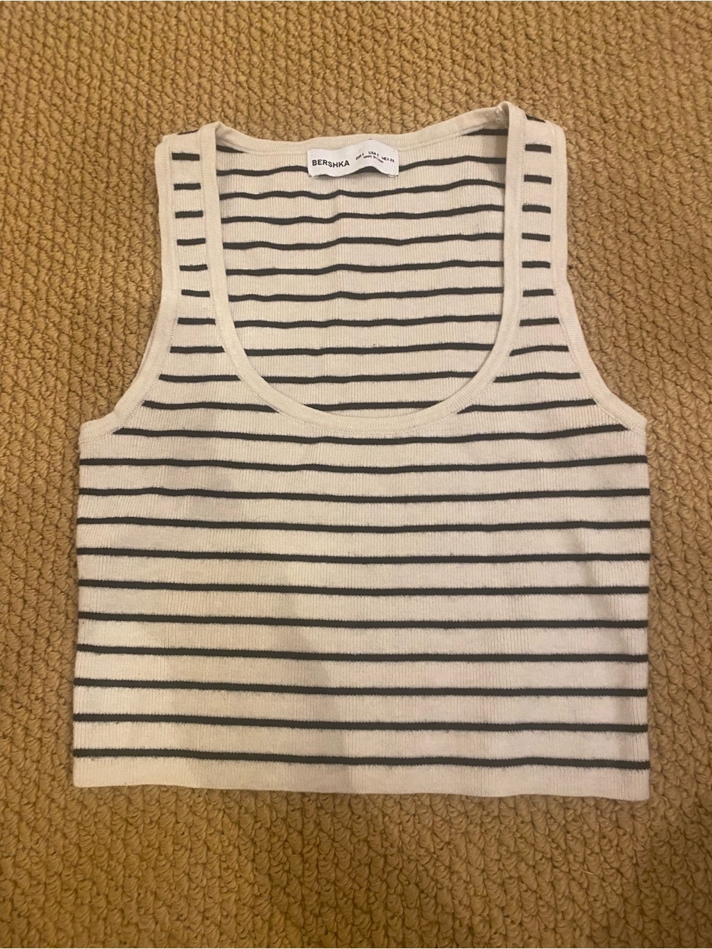 Bershka Women's Cream and Black Striped Knit Cropped Tank Top